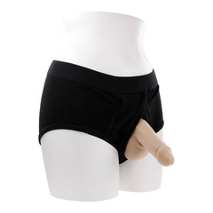 Packer worn inside black boxer briefs on mannequin, discreet everyday packing style shown