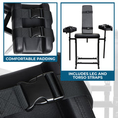 Close-up of padded leg stirrup with quick-release buckle strap and vegan leather upholstery