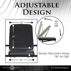 Padded swing seat close-up showing 16x28-inch vegan leather backrest and 90-to-180-degree recline