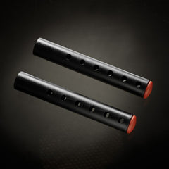 Pair of black extension rod bars with red rubber end caps for size adjustment