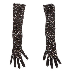 Pair of black full-length mesh gloves laid flat showing scattered rhinestone accents throughout
