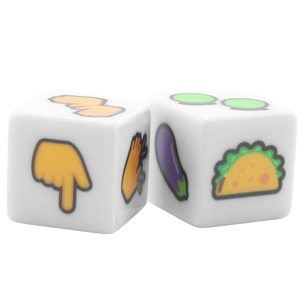 Pair of white DTF emoji dice showing eggplant, taco, and hand gesture emoji symbols