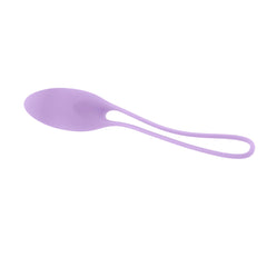 Pale lavender kegel ball in horizontal orientation showing lightest weight with retrieval loop