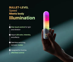 Paradise Illumination Bullet upright in hand showing one-touch LED and vibration control feature callouts