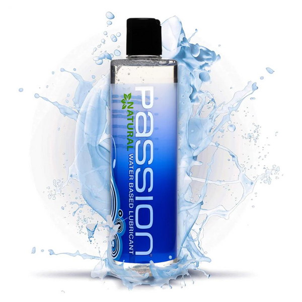 Passion Natural Water-Based Lubricant 10oz clear bottle with black flip cap, blue label