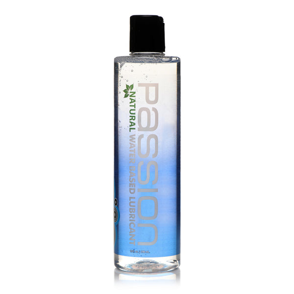 Passion Natural Water-Based Lubricant 10oz clear bottle displaying gradient blue label, upright view