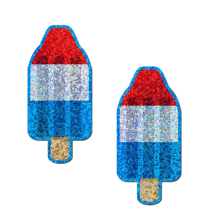 Pastease American Pop glitter ice pop nipple pasties in red, white, and blue holographic sequins