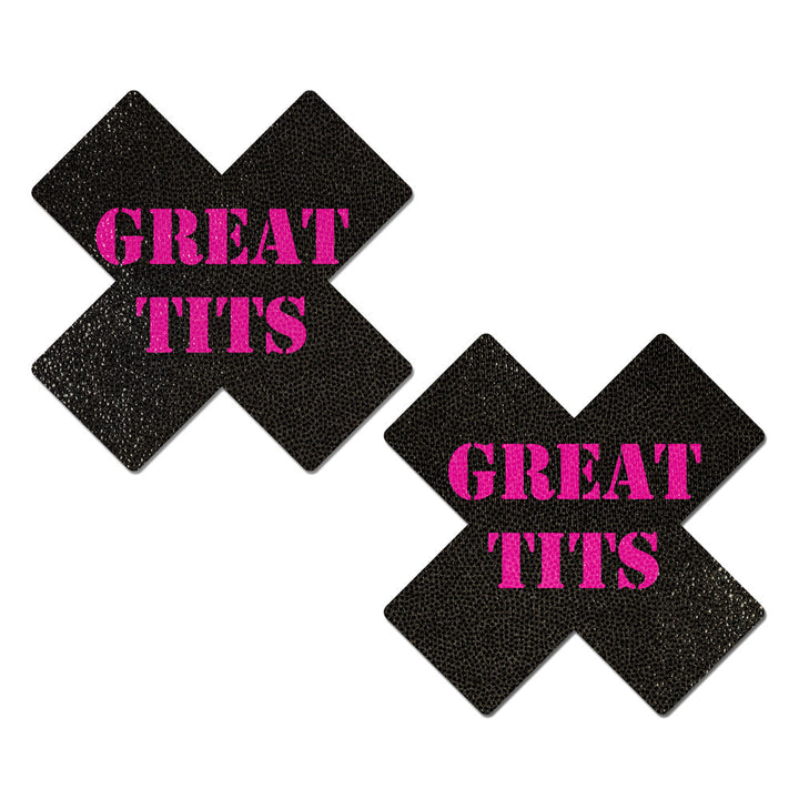 Pastease black glitter cross pasties with bold pink 'Great Tits' text, sold as a pair