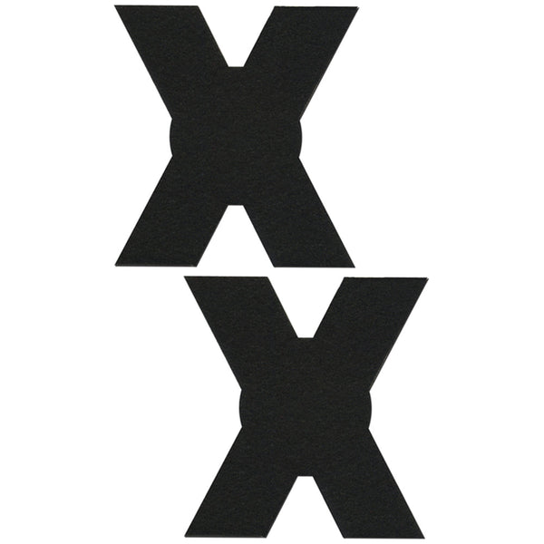 Pastease black X-shaped pasties shown as a pair, matte fabric finish, self-adhesive body coverage