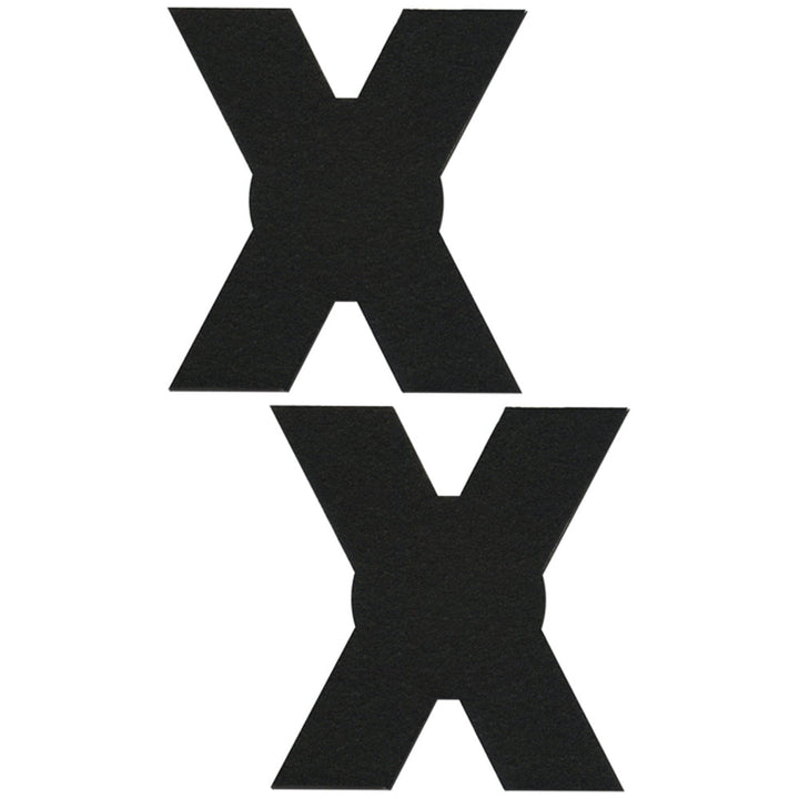 Pastease black X-shaped pasties shown as a pair, matte fabric finish, self-adhesive body coverage