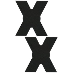 Pastease black X-shaped pasties shown as a pair, matte fabric finish, self-adhesive body coverage