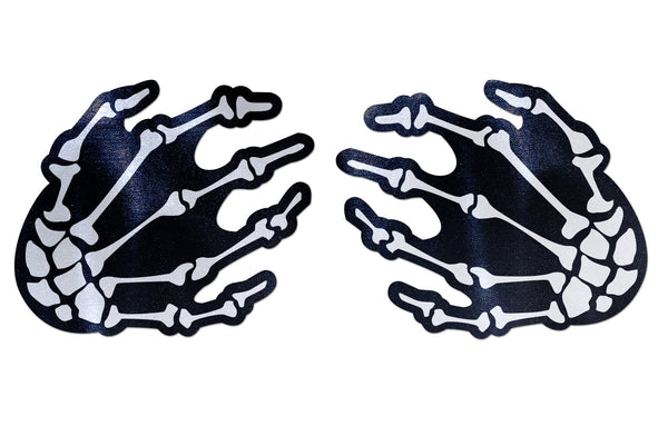 Pastease Boney Skeleton Hands Pasties pair, black satin base with white bone print