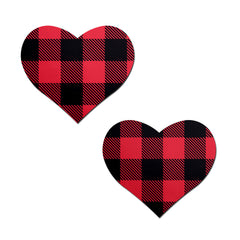 Pastease Buffalo Plaid Heart Pasties in bold red and black check pattern, sold as a pair