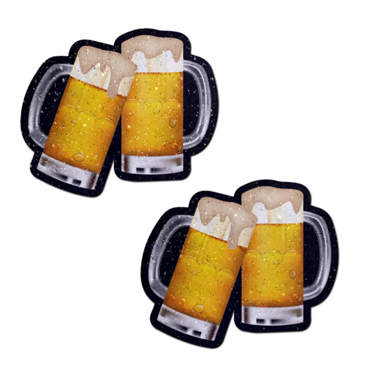 Pastease Clinking Beer Mug Pasties pair, glittery novelty nipple covers with frothy mug design