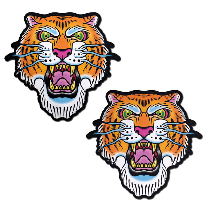 Pastease Ferocious Tattoo Jungle Cat Pasties pair, bold orange tiger face design, latex-free