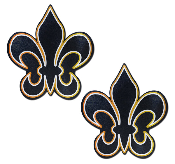 Pastease Fleur-de-Lis Pasties in black with white and gold layered outline trim