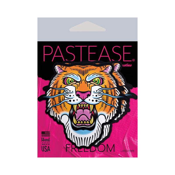 Pastease Freedom packaging showing tiger tattoo pastie, hand-made in USA, latex-free label