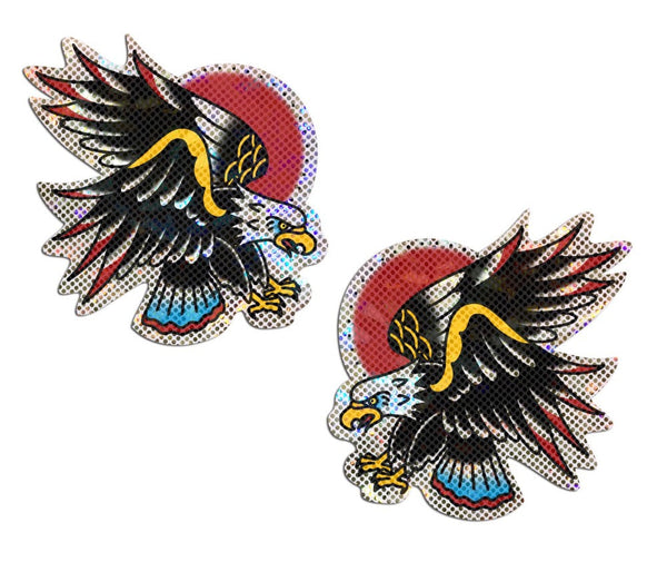 Pastease Glittering Eagle Diamond Thom™ Pasties with bold tattoo-style eagle and red sun design