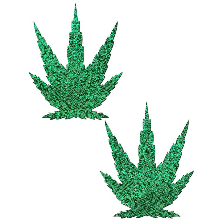 Pastease glittering green pot leaf pasties with sequined texture, sold as a pair