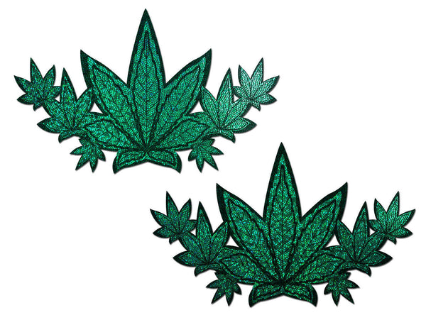 Pastease green glitter cannabis leaf-shaped pasties, holographic shimmer finish, sold as a pair
