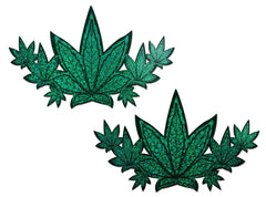 Pastease green glitter cannabis leaf-shaped pasties, holographic shimmer finish, sold as a pair
