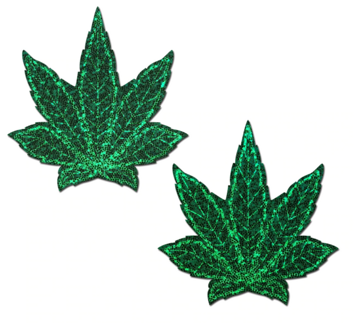 Pastease green glitter pot leaf pasties with holographic shimmer, sold as a pair
