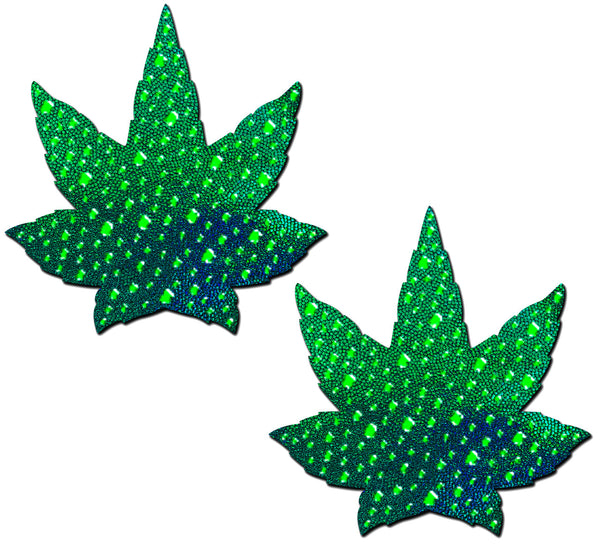 Pastease green holographic crystal pot leaf pasties with sparkling sequin texture
