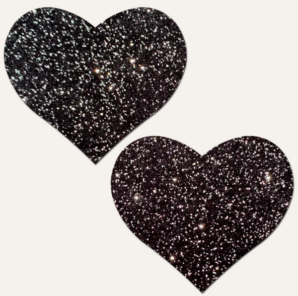 Pastease Heart Sparkle Black glitter pasties in a classic heart shape, sold as a pair