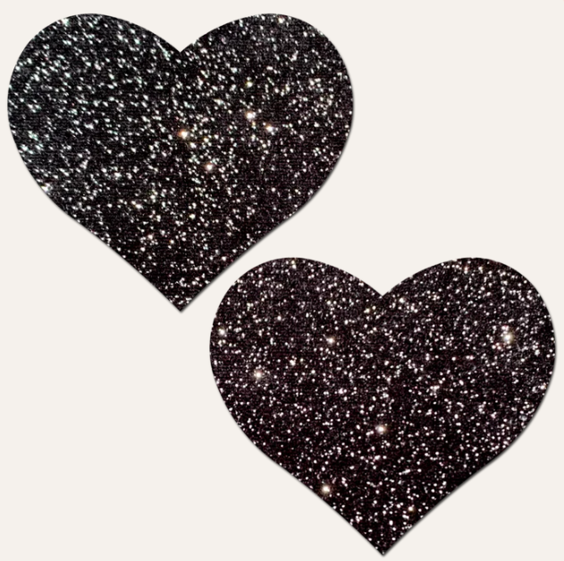 Pastease Heart Sparkle Black glitter pasties in a classic heart shape, sold as a pair