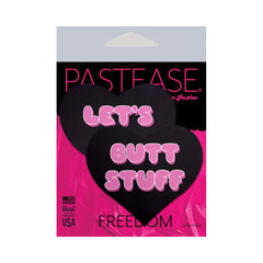 Pastease 'Let's Do Butt Stuff' heart pasties in retail packaging, latex-free, handmade in USA