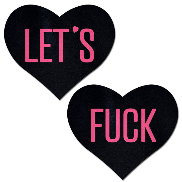 Pastease Let's Fuck heart-shaped nipple pasties in black with pink bold text
