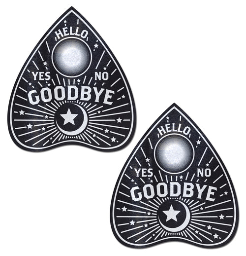 Pastease Ouija planchette nipple pasties in black with Hello, Goodbye, Yes, No text and star detail