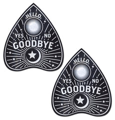 Pastease Ouija planchette nipple pasties in black with Hello, Goodbye, Yes, No text and star detail