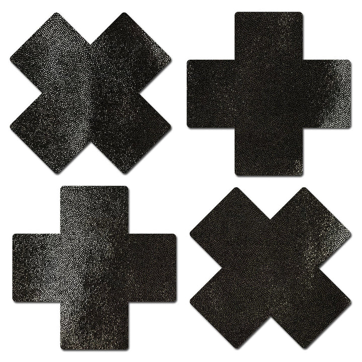 Pastease Pasties black glitter cross and X-shaped nipple covers, two pairs shown