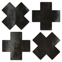 Pastease Pasties black glitter cross and X-shaped nipple covers, two pairs shown