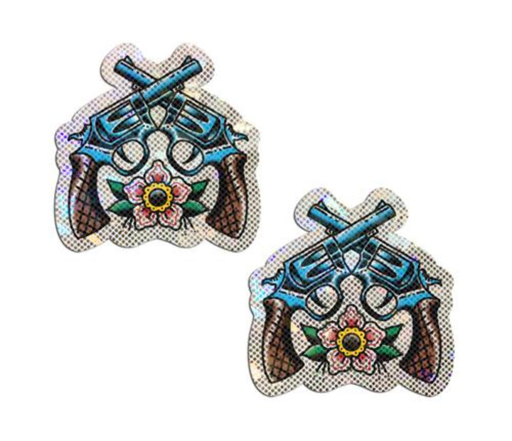 Pastease Pasties Glittering Six Guns Diamond Thom holographic pasties with crossed revolvers and floral detail