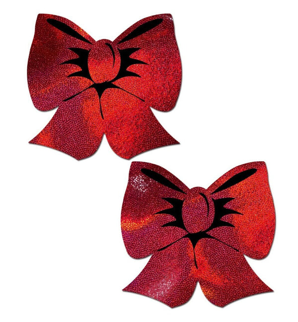 Pastease Pasties holographic red bow-shaped nipple pasties with glitter finish, set of two