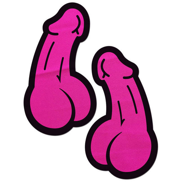 Pastease Pasties neon pink penis-shaped nipple pasties, pair shown front view