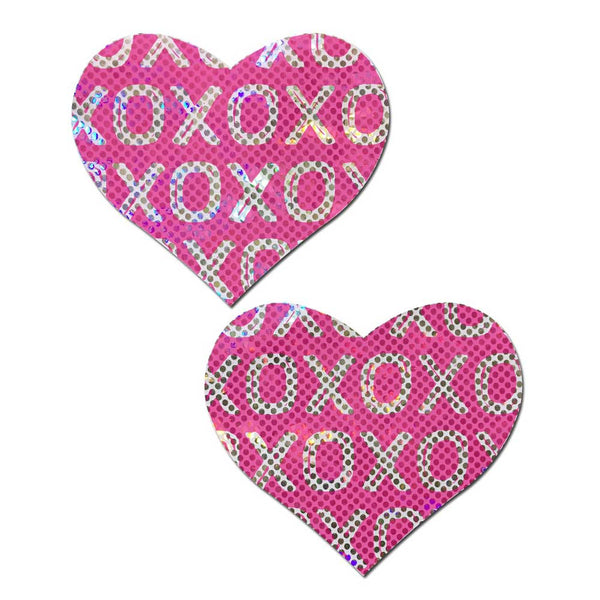 Pastease Pasties pink heart-shaped pasties with holographic silver XOXO pattern