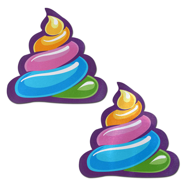 Pastease Pasties rainbow poop emoji pasties in layered multicolour swirl design, sold as a pair