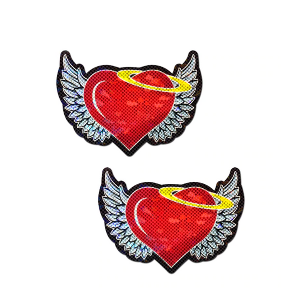 Pastease Pasties red glitter hearts with silver angel wings and gold halo, sold as a pair