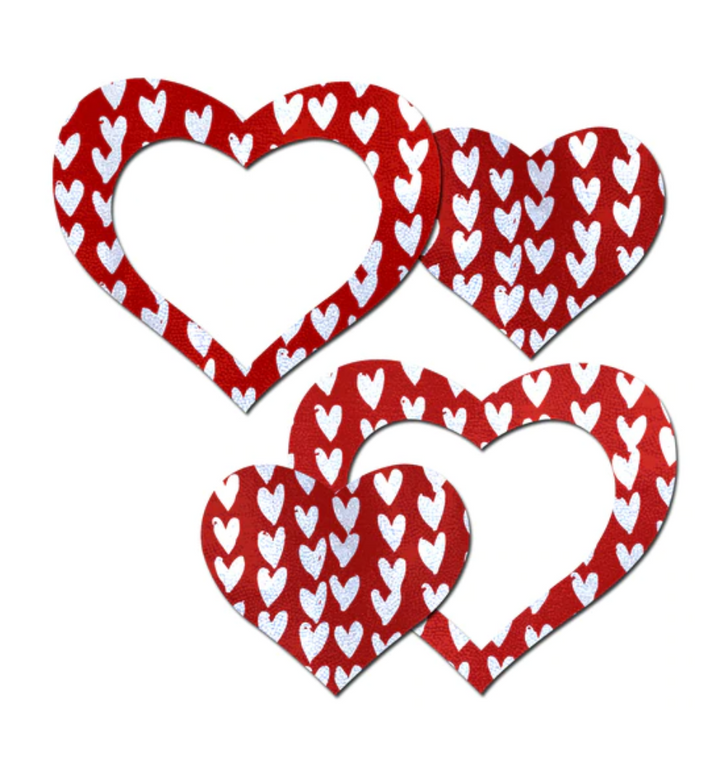 Pastease Pasties red heart-shaped pasties with white heart print and open center cutout