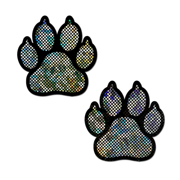 Pastease paw print pasties in disco holographic silver with black outline, pair shown