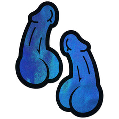 Pastease Penis Pasties in holographic blue, sold as a pair with black outline trim