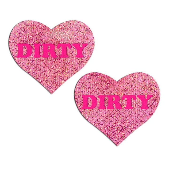 Pastease pink glitter heart pasties with 'Dirty' text in bold hot pink lettering