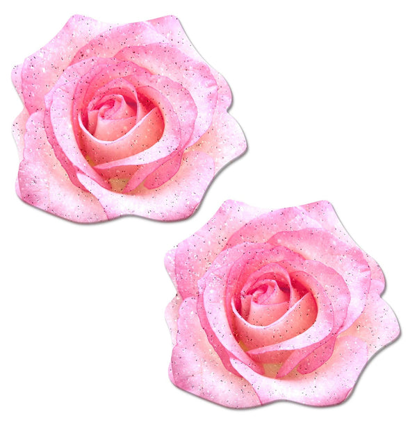 Pastease pink glitter rose pasties shown as a pair, petal-shaped with soft pink tones and shimmer detail