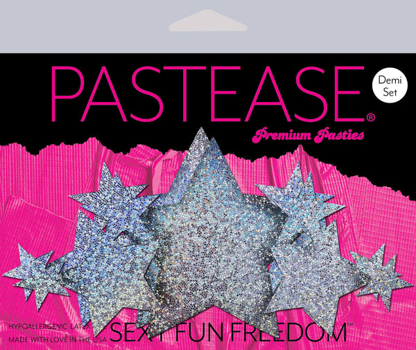 Pastease Premium Pasties demi set packaging with silver glitter star pasties, hypoallergenic latex