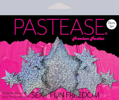Pastease Premium Pasties demi set packaging with silver glitter star pasties, hypoallergenic latex