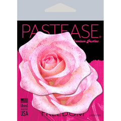 Pastease Premium Pasties packaging showing a glitter velvet blooming rose design, latex-free and hand made in USA