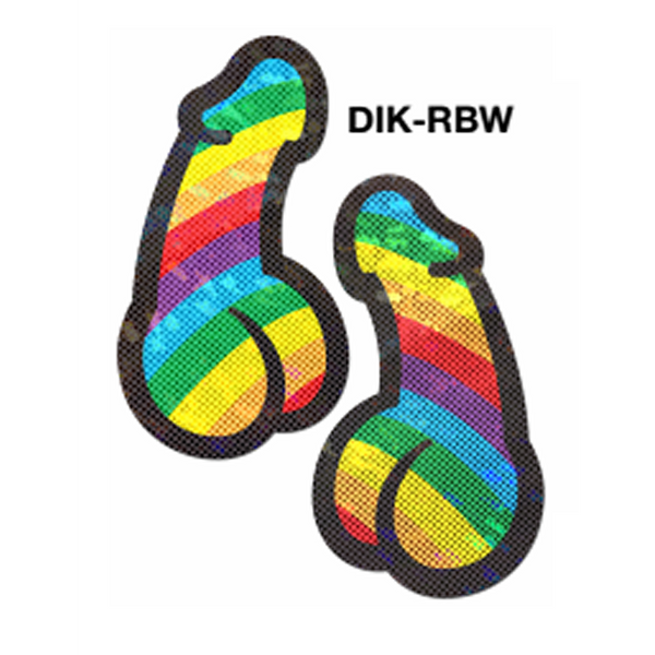 Pastease Rainbow Pride Dick Pasties in vibrant multicolor stripes with holographic finish